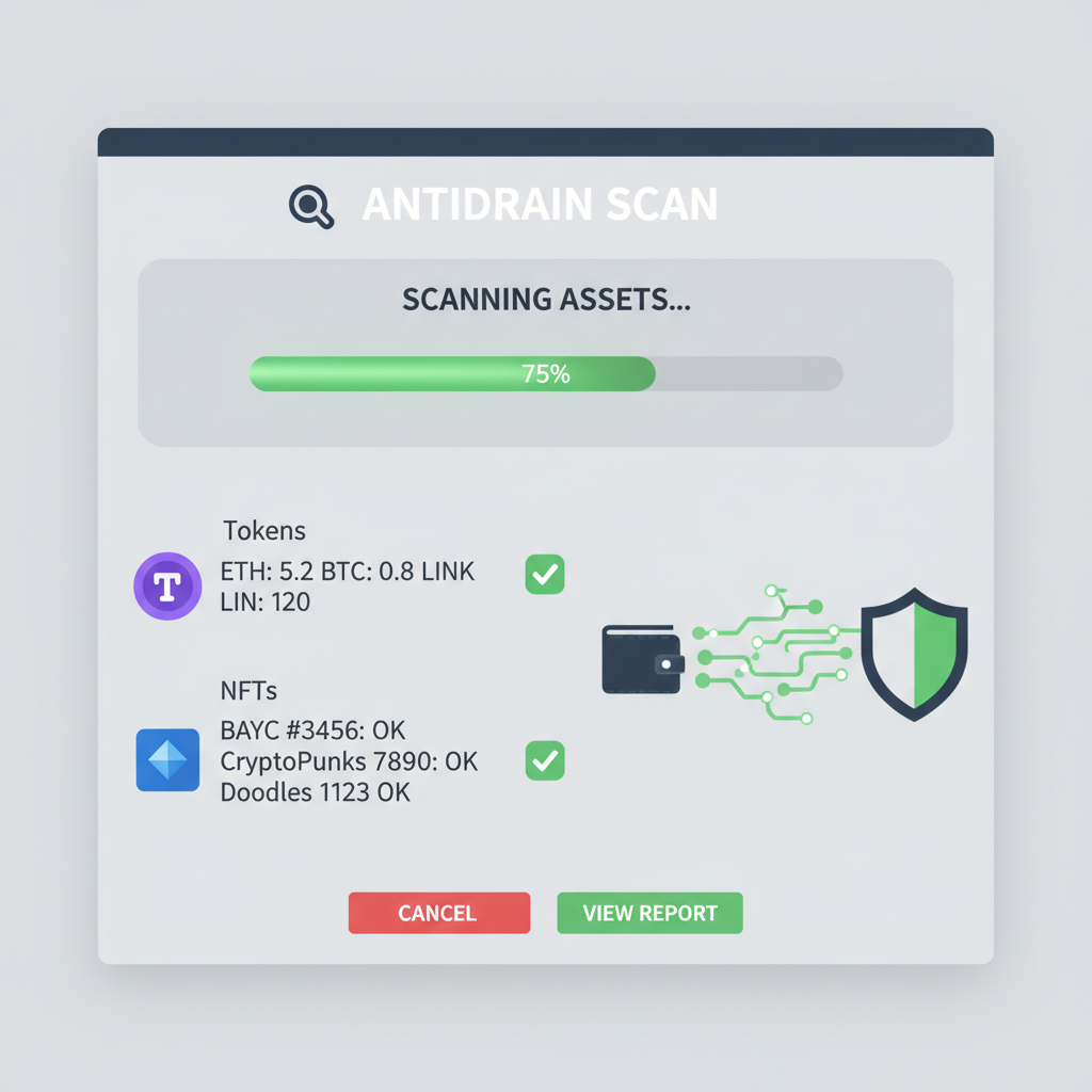antidrain scan interface showing asset list scanning progress bar, tokens nfts icons, green checkmarks, data flow visualization