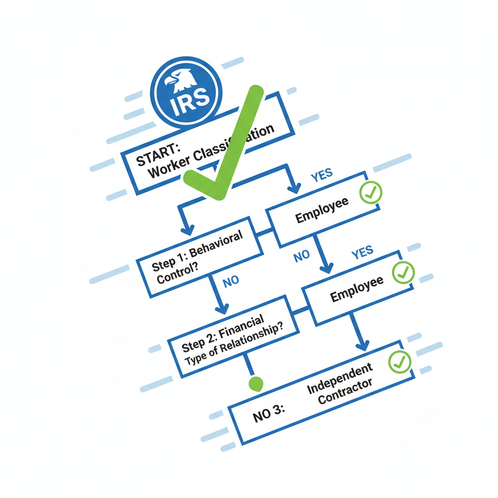 dynamic icon of worker classification flowchart with IRS badge and green checkmarks