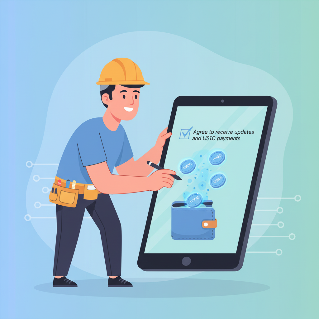 smiling contractor checking opt-in box on digital form with USDC flowing
