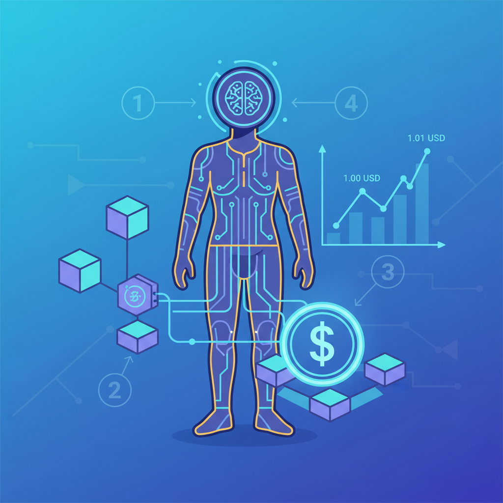 futuristic oracle integrating blockchain data with USDC coin and price chart glowing