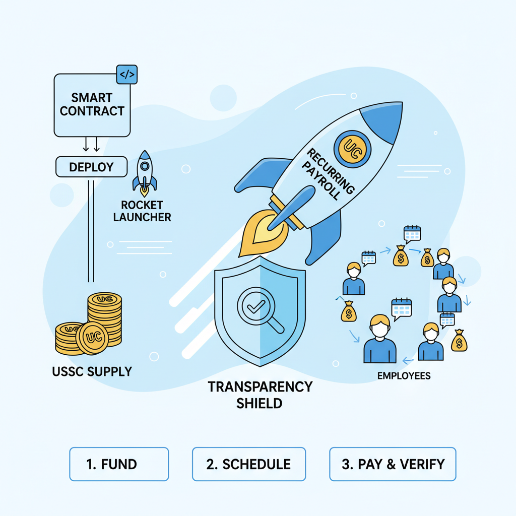 smart contract deploying USDC rockets for recurring payroll with transparency shield