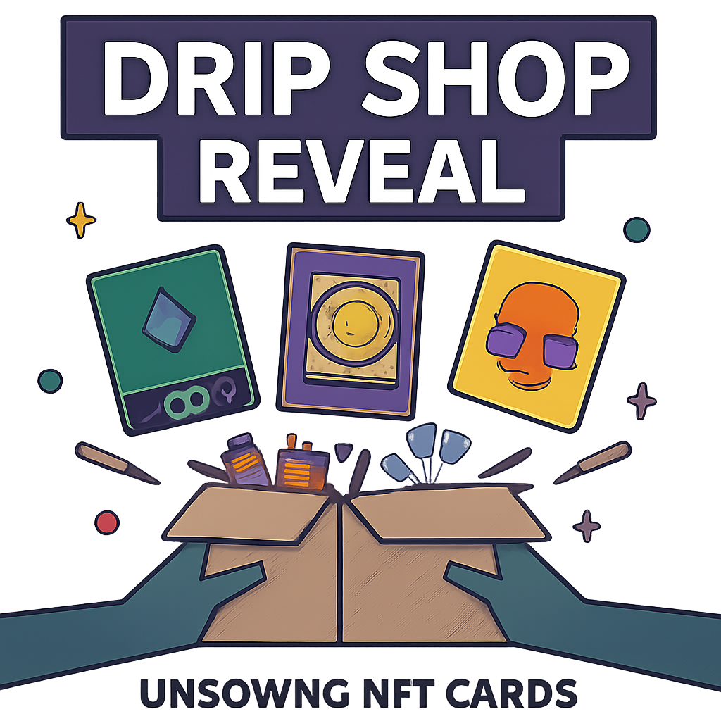 DRIP SHOP reveal event teaser, unboxing NFT cards, prize explosion graphics, Solana ecosystem vibe