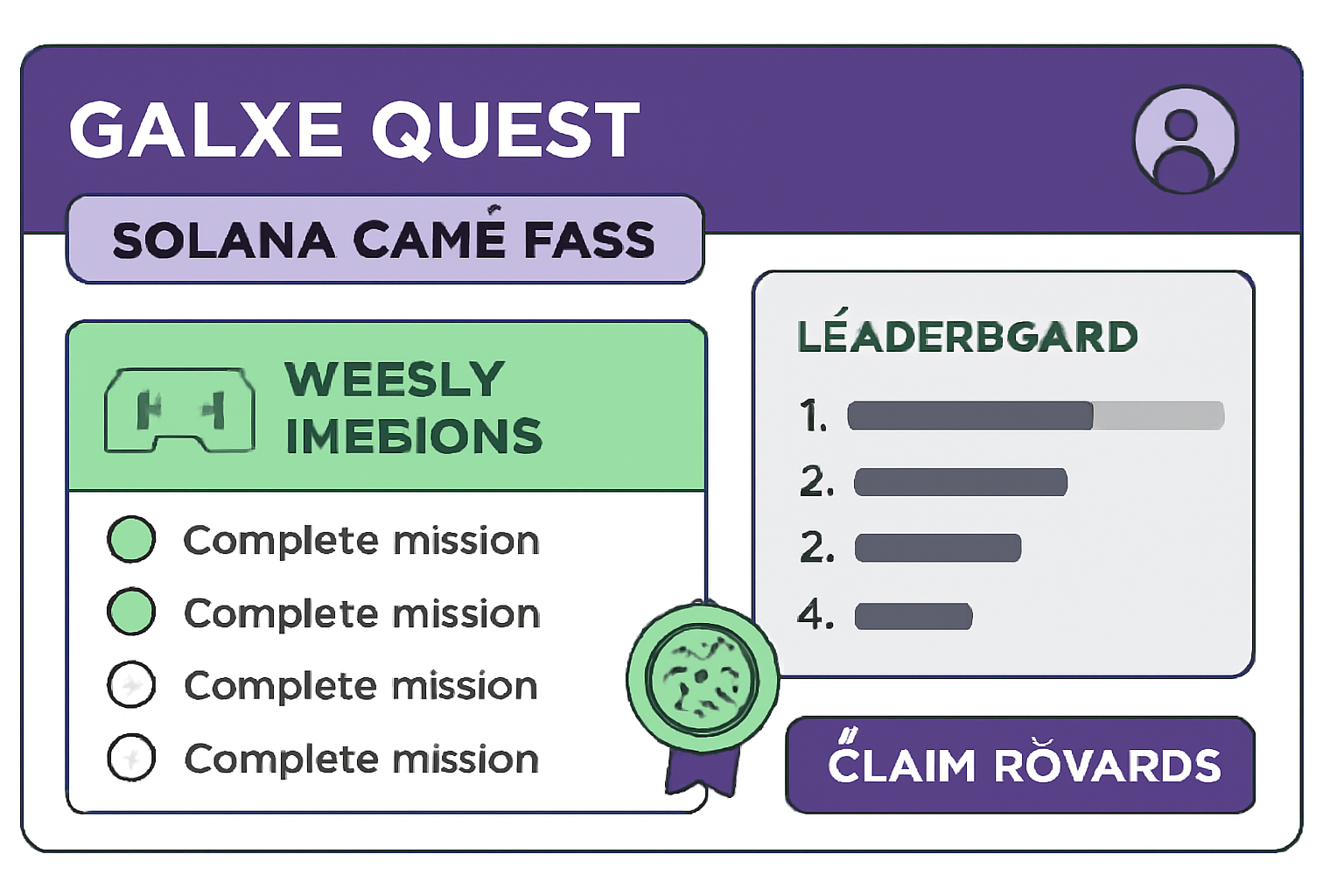 Galxe quest dashboard for Solana Game Pass, weekly missions list, leaderboard snippet, gamified interface