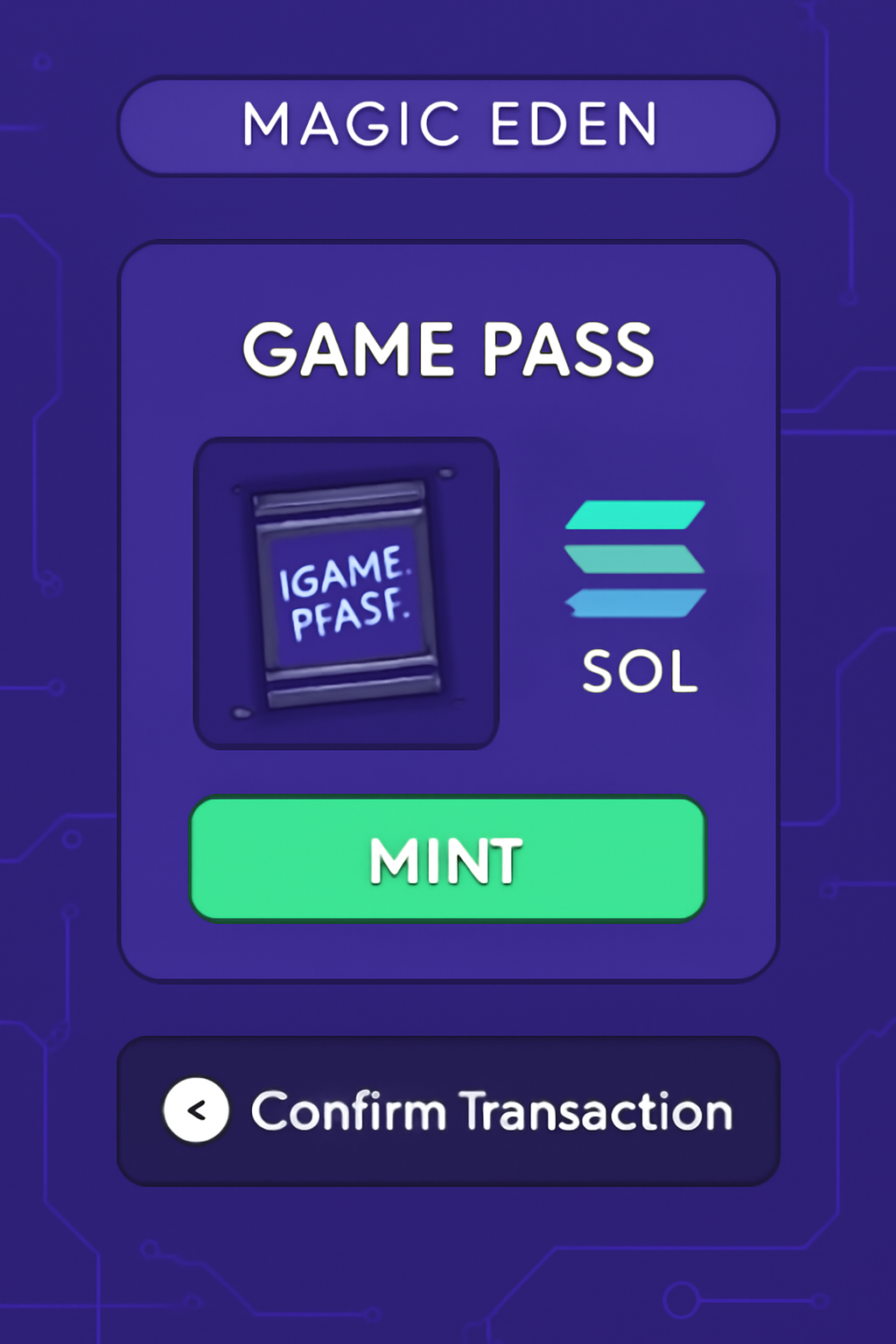 Mint button on Magic Eden for Solana Game Pass pack, transaction confirmation screen, futuristic Solana graphics