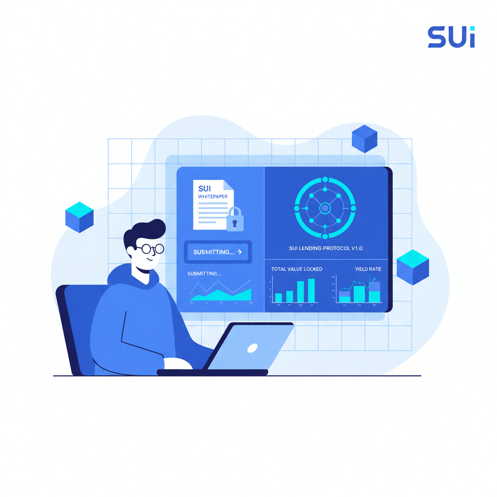 Sui blockchain developer submitting whitepaper and prototype application on laptop, futuristic DeFi interface, analytical charts, blue tones