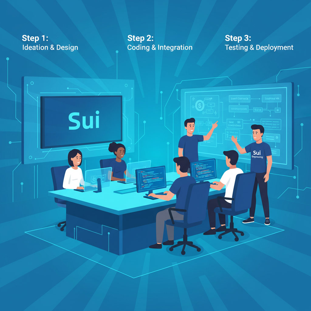 Team in bootcamp session with Sui engineers, coding DeFi protocols on screens, collaborative whiteboard, high-tech room, vibrant blues