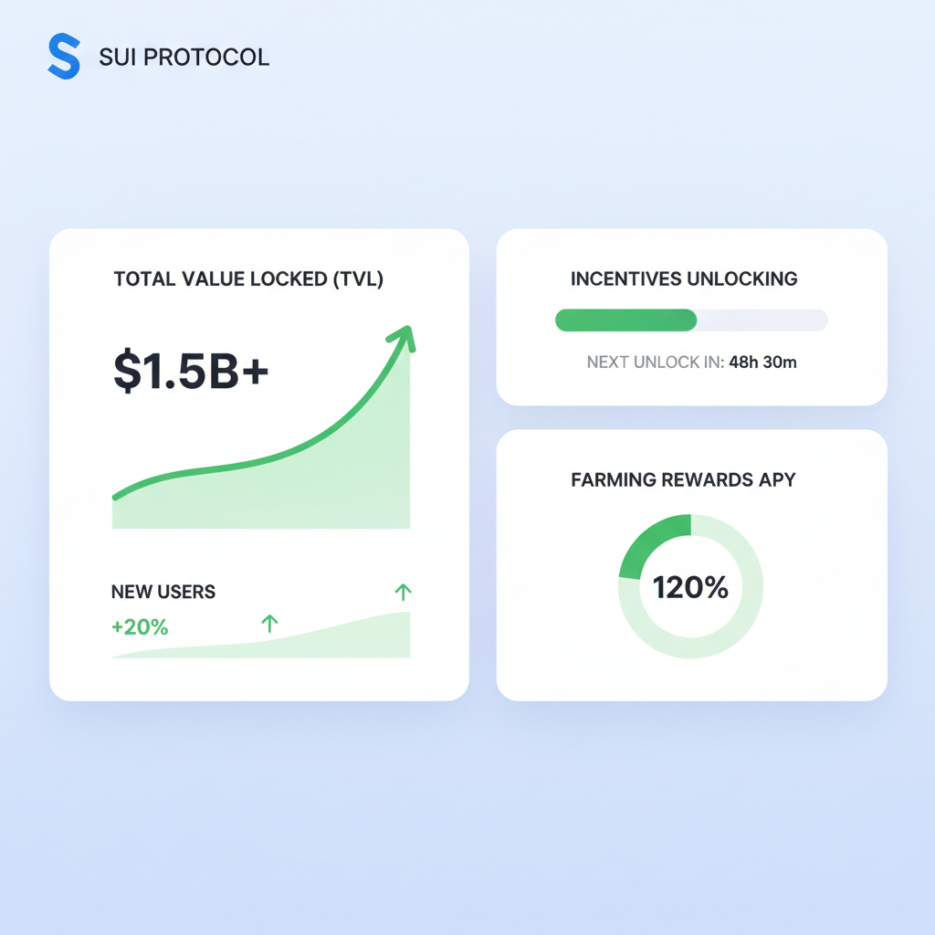 DeFi protocol dashboard showing traction metrics, TVL charts rising, incentives unlocking, Sui logo, analytical graphs, green upward trends