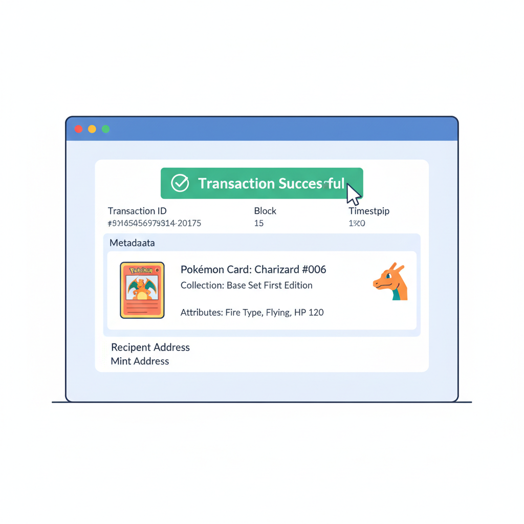 Solana blockchain explorer showing successful NFT mint transaction, Pokemon card metadata visible, green confirmation