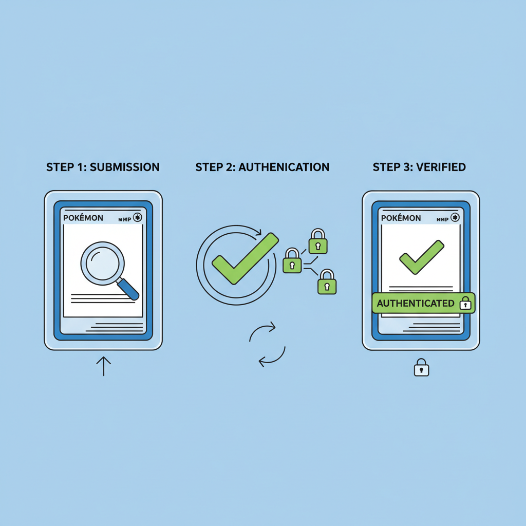 verification checkmark on graded Pokemon card interface, authentication process graphic, secure lock icons