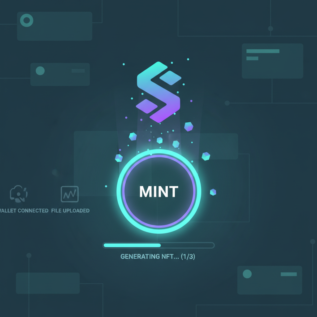 minting button clicked on blockchain platform, NFT generation animation, Solana logo, glowing effect