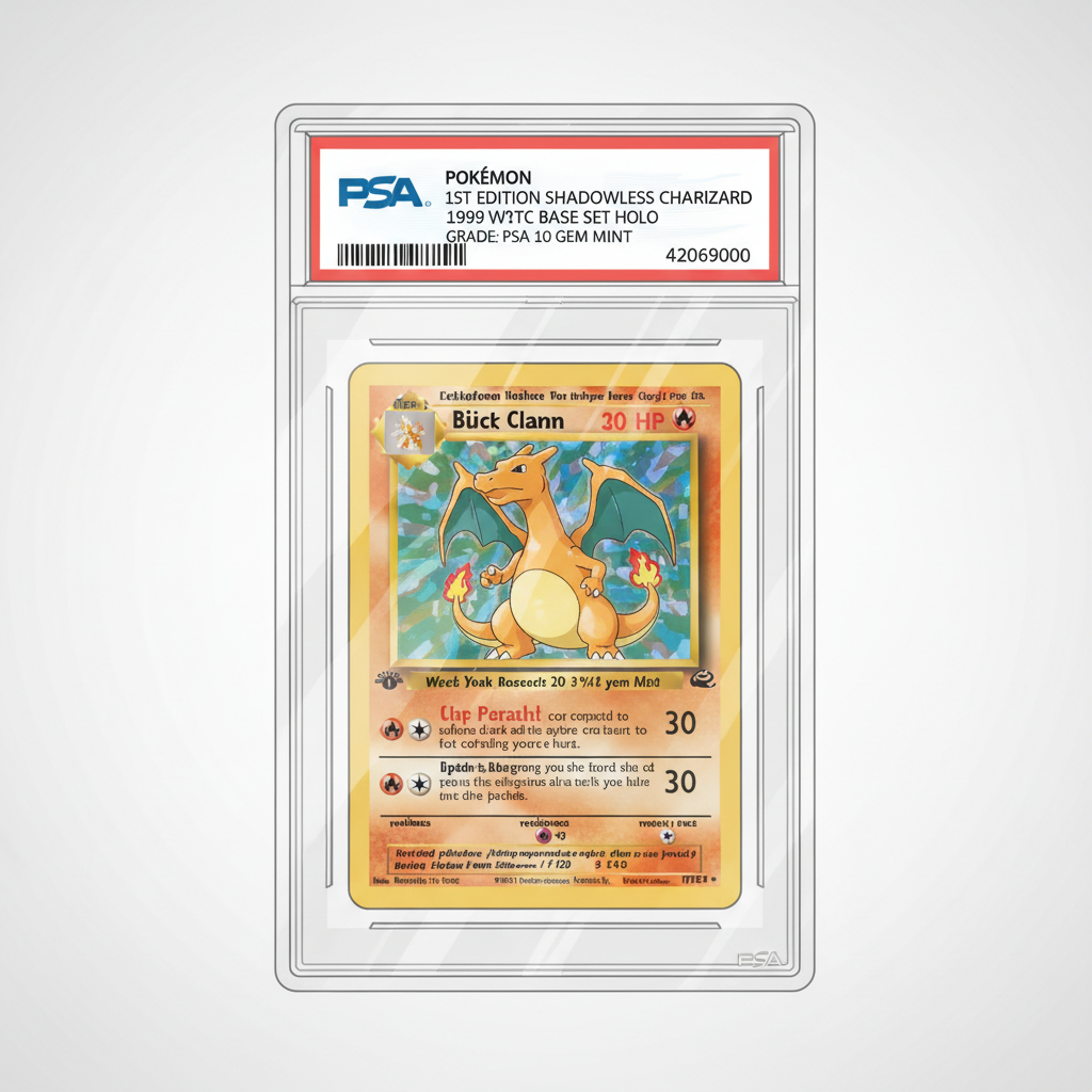 high-resolution scan of graded PSA Pokemon card slab, detailed label visible, professional lighting, realistic