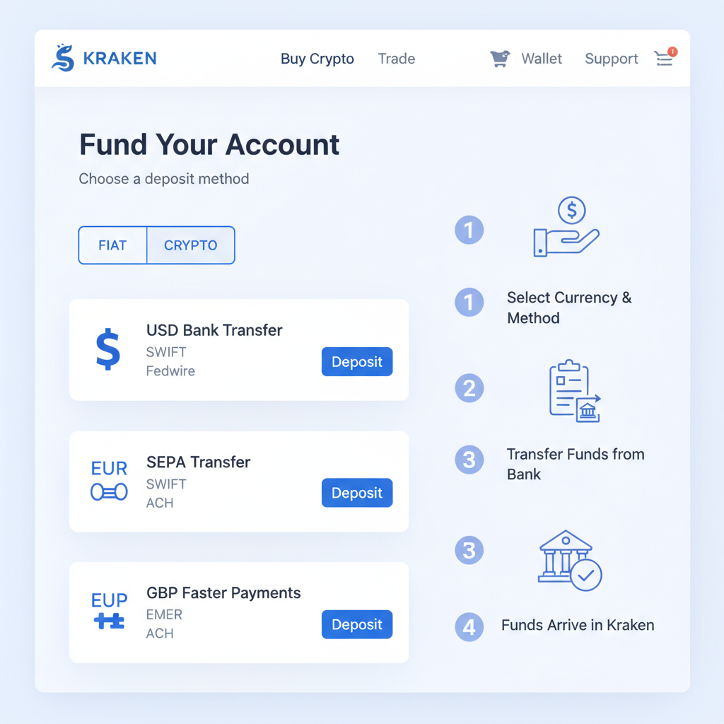 photorealistic screenshot of Kraken funding deposit page showing fiat options like USD bank transfer