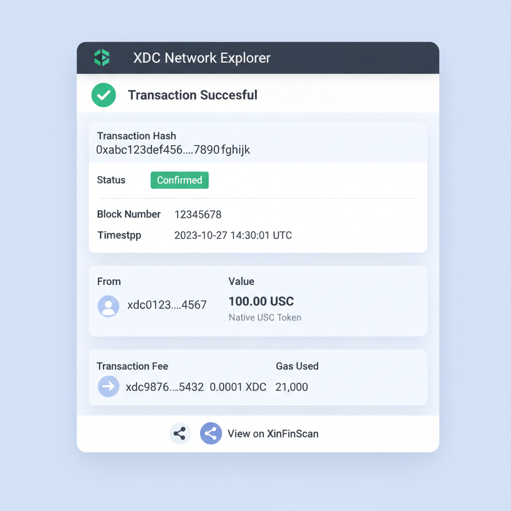 photorealistic screenshot of XDC Network explorer showing native USDC transaction details