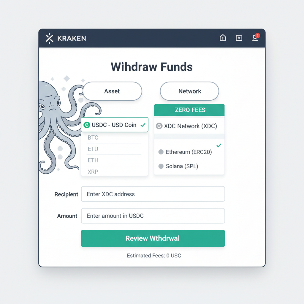photorealistic screenshot of Kraken withdrawal page selecting USDC on XDC Network zero fees