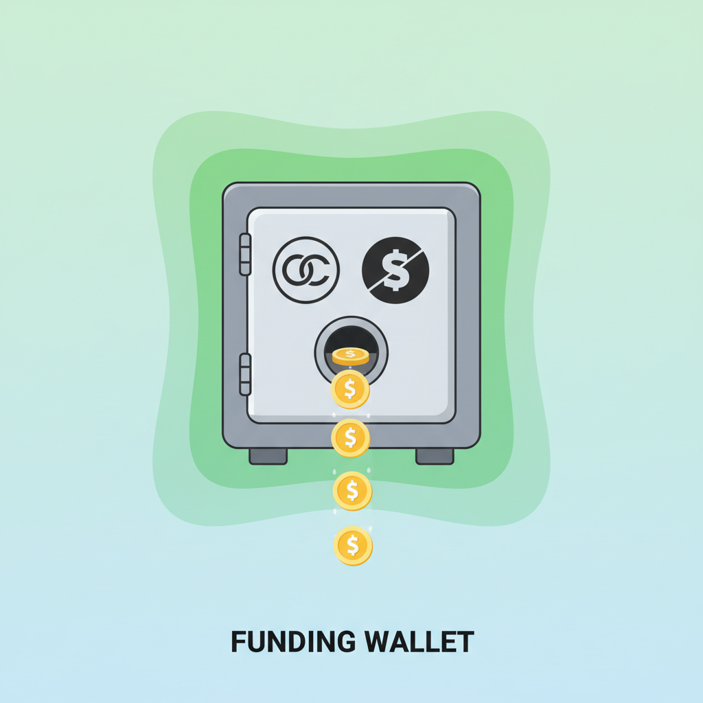 funding wallet with Circle Stripe icons, USDC coins flowing in, secure vault aesthetic, green success glow