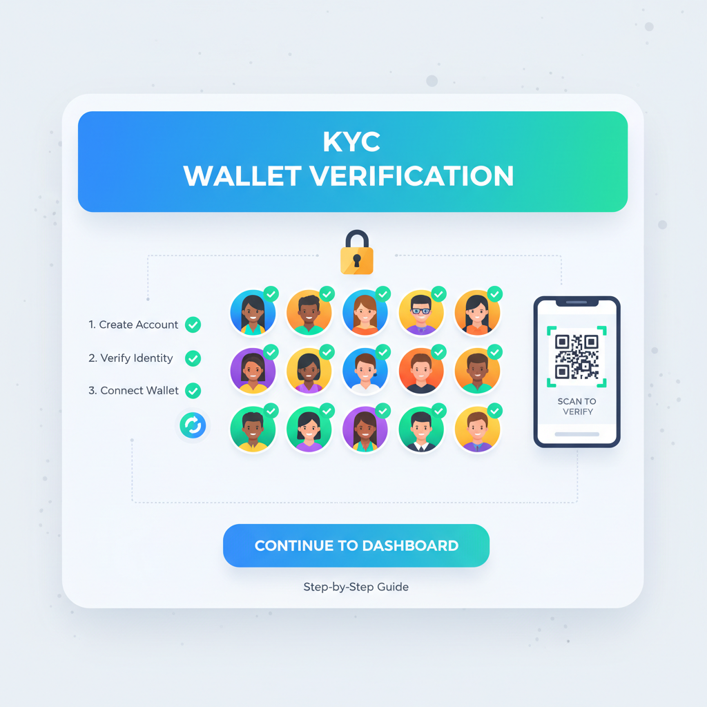 team onboarding screen with KYC wallet verification, diverse global avatars, checkmarks, vibrant digital interface