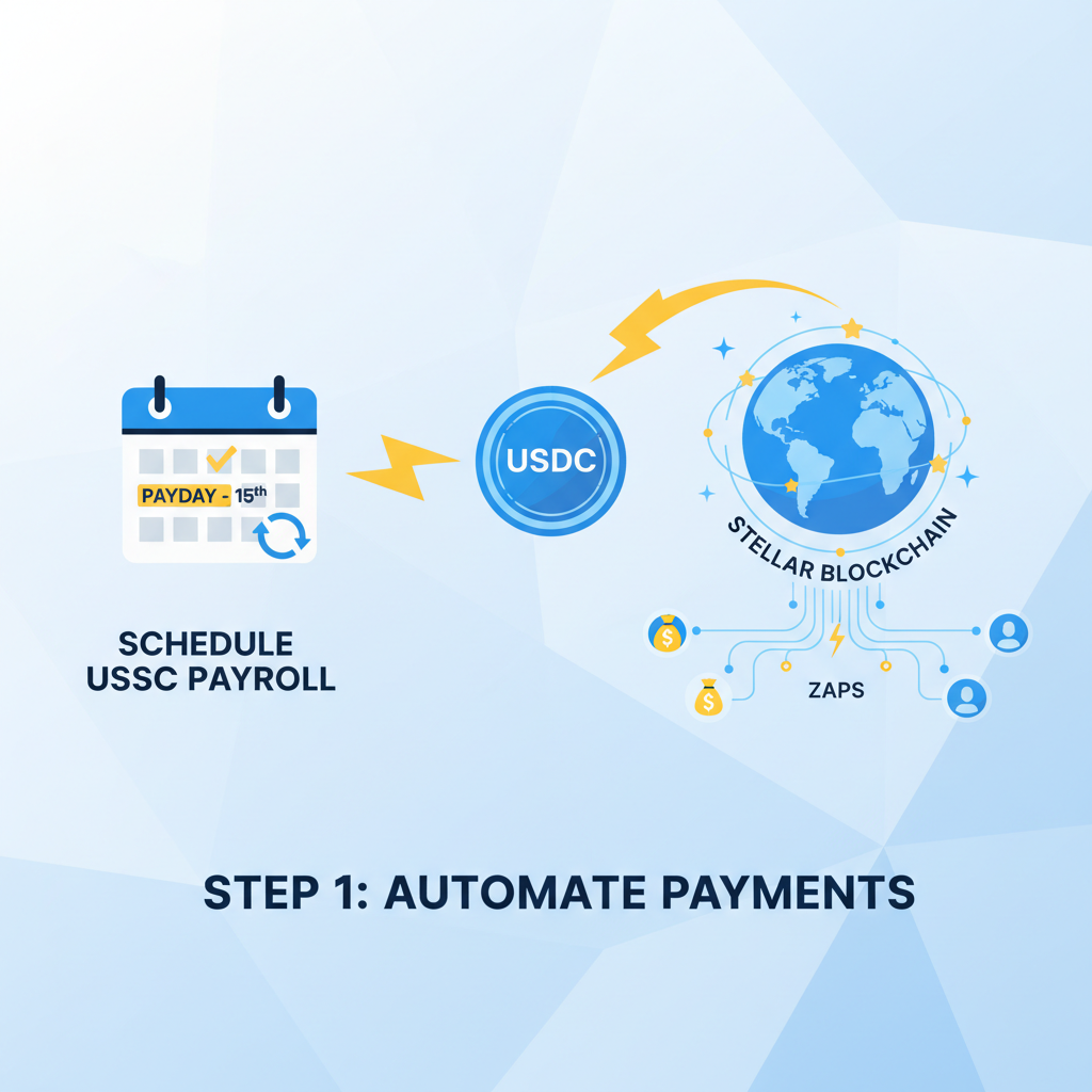 calendar scheduling USDC payroll zaps on Stellar blockchain, lightning bolts, world map connections, high-tech