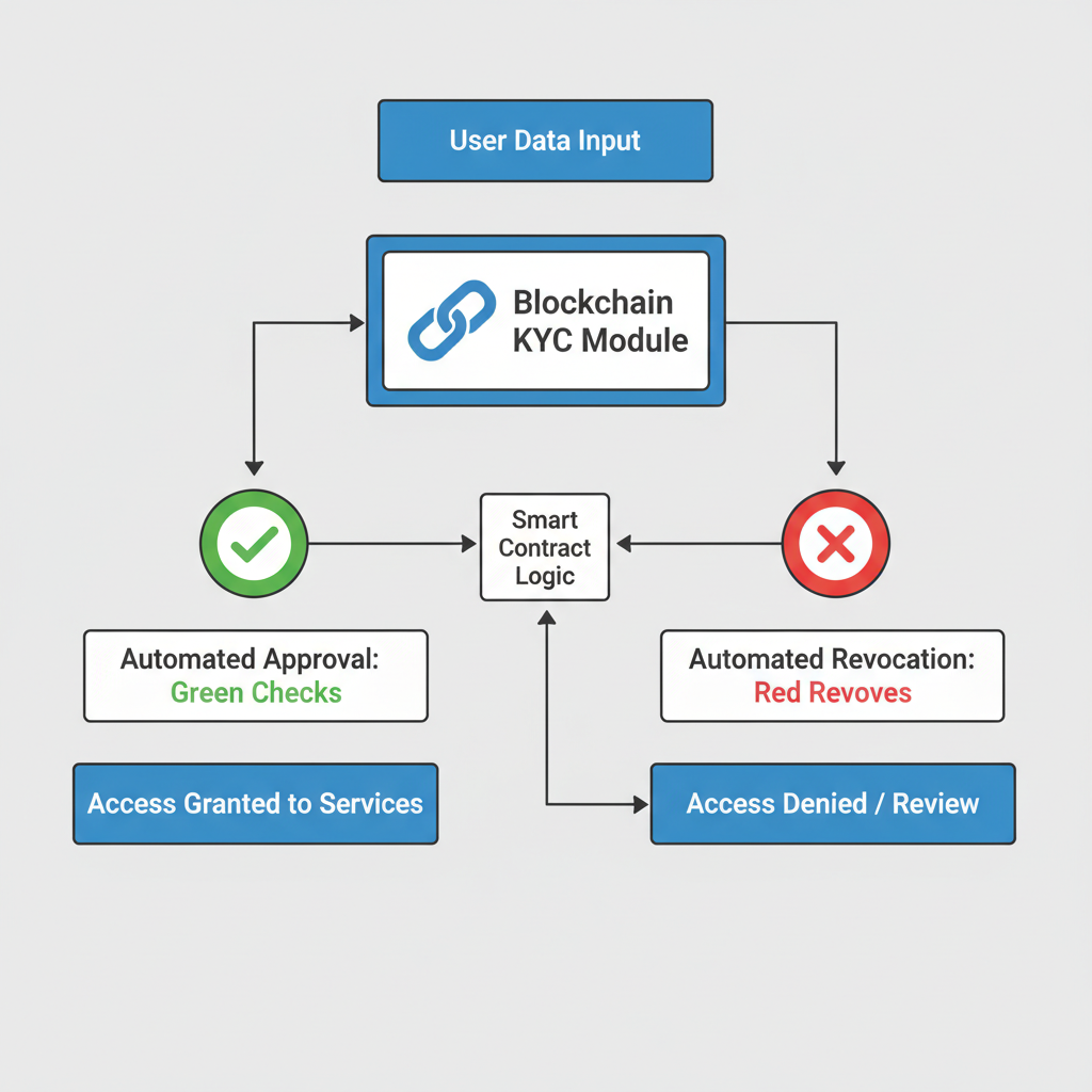 blockchain flowchart automating KYC access green checks red revokes