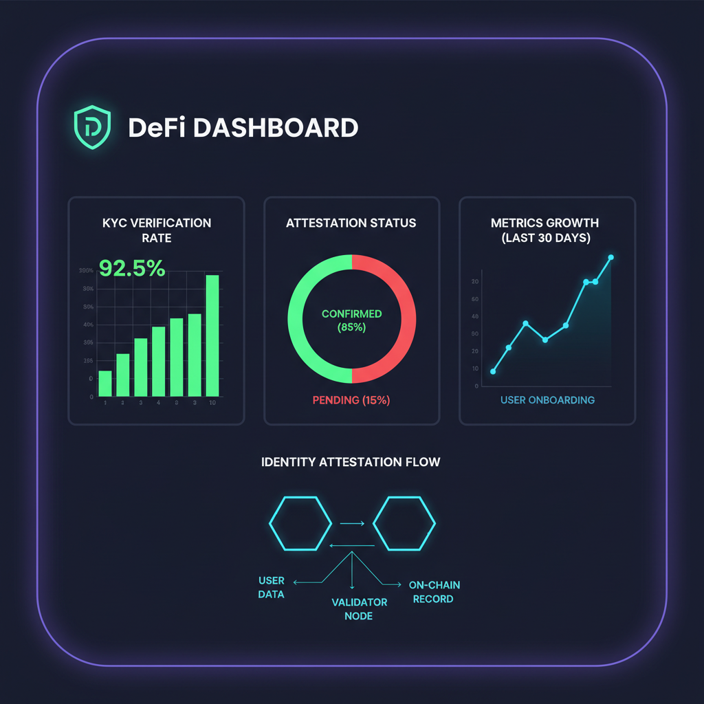 dark mode DeFi dashboard KYC metrics charts attestation graphs
