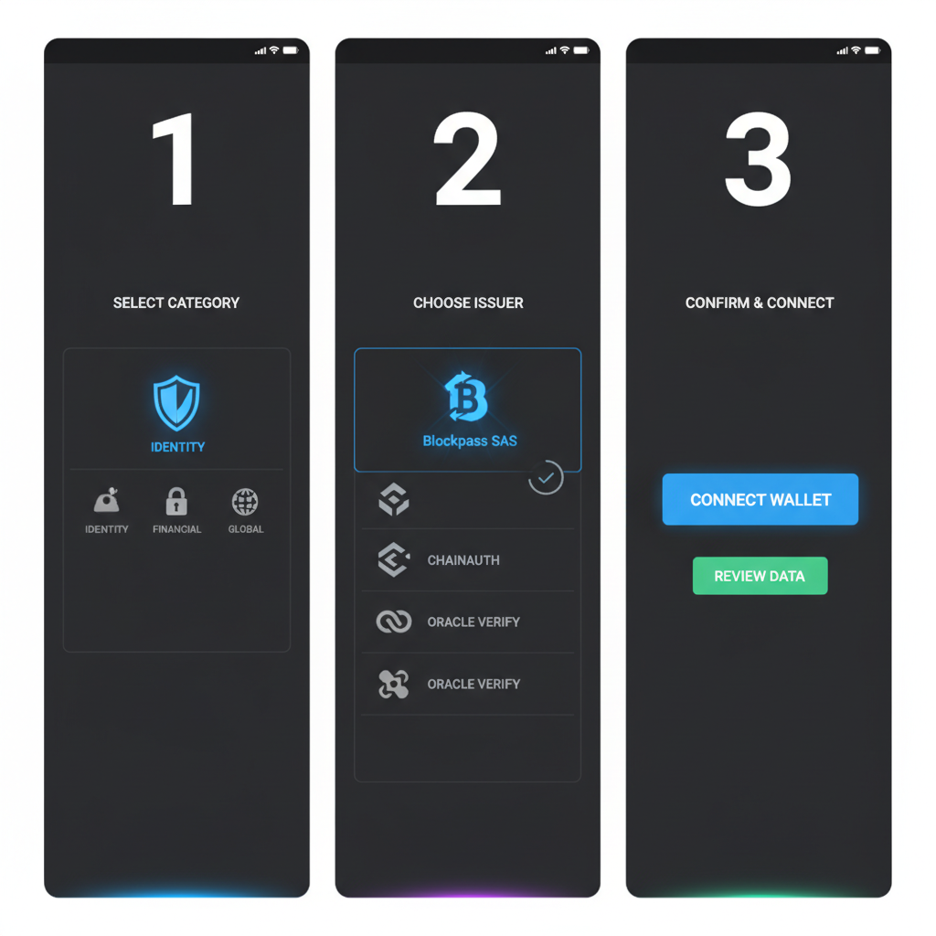 sleek dashboard selecting blockchain KYC issuers like Blockpass SAS, neon tech UI