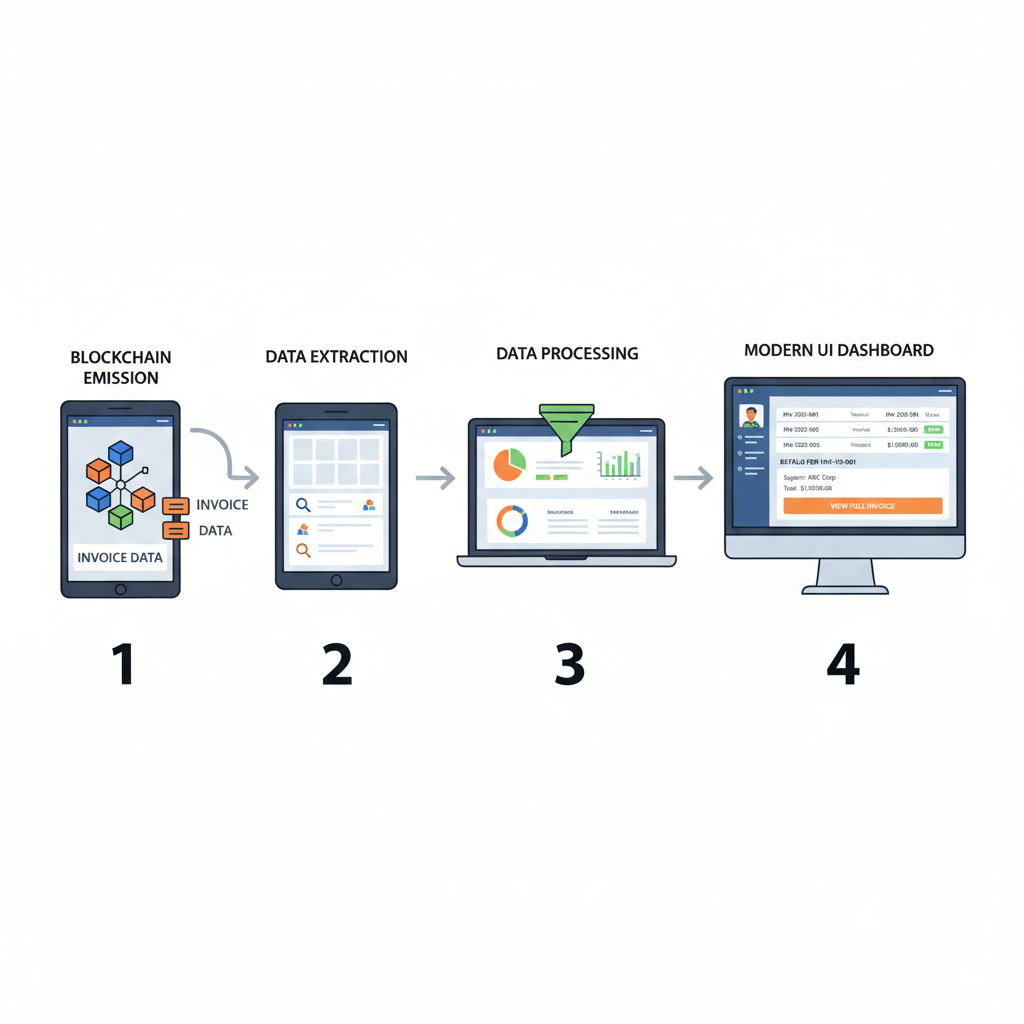 blockchain event emission to modern frontend dashboard, invoice details flowing from chain to UI screens