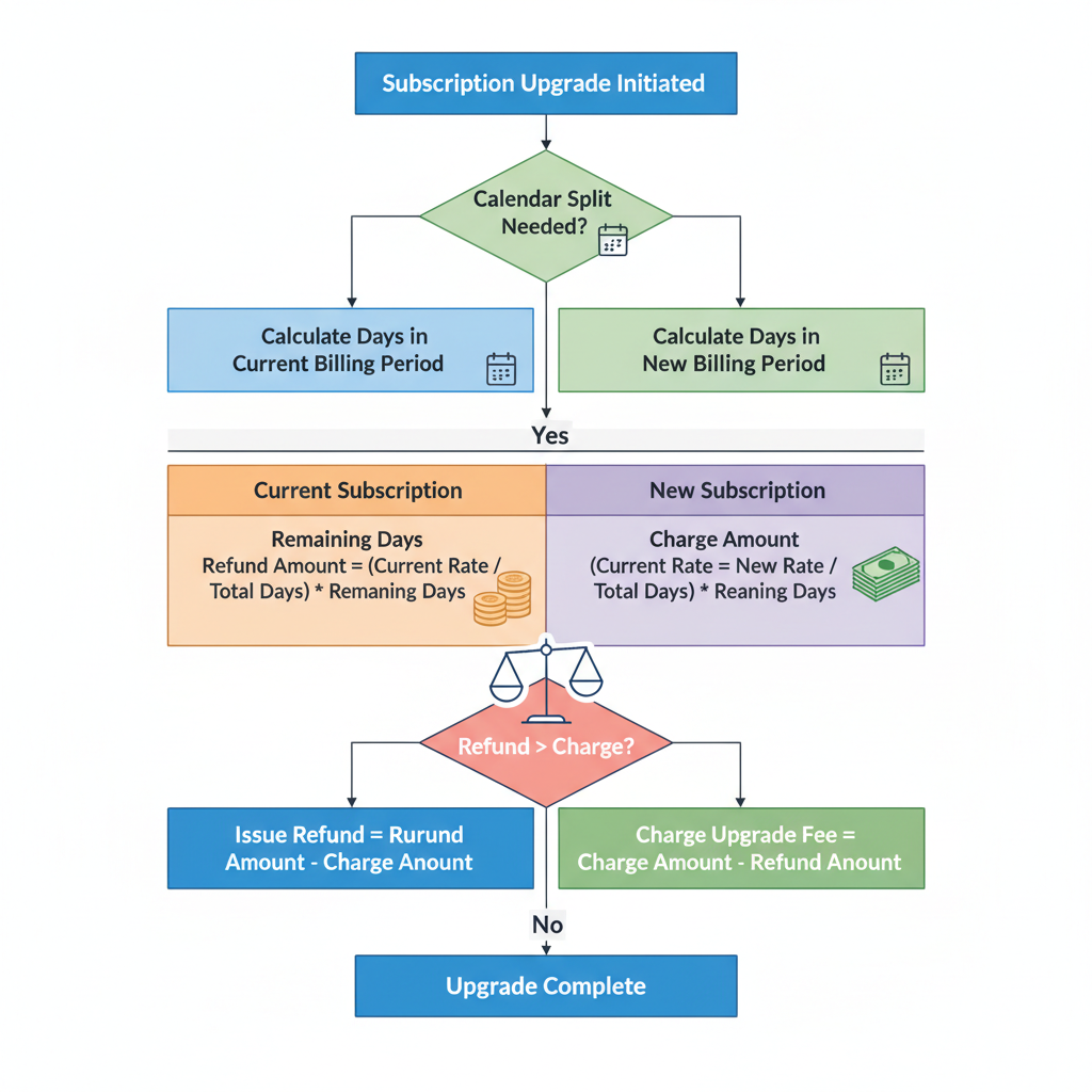 proration logic flowchart for subscription upgrades, calendar split with money calculations, balance scale icon