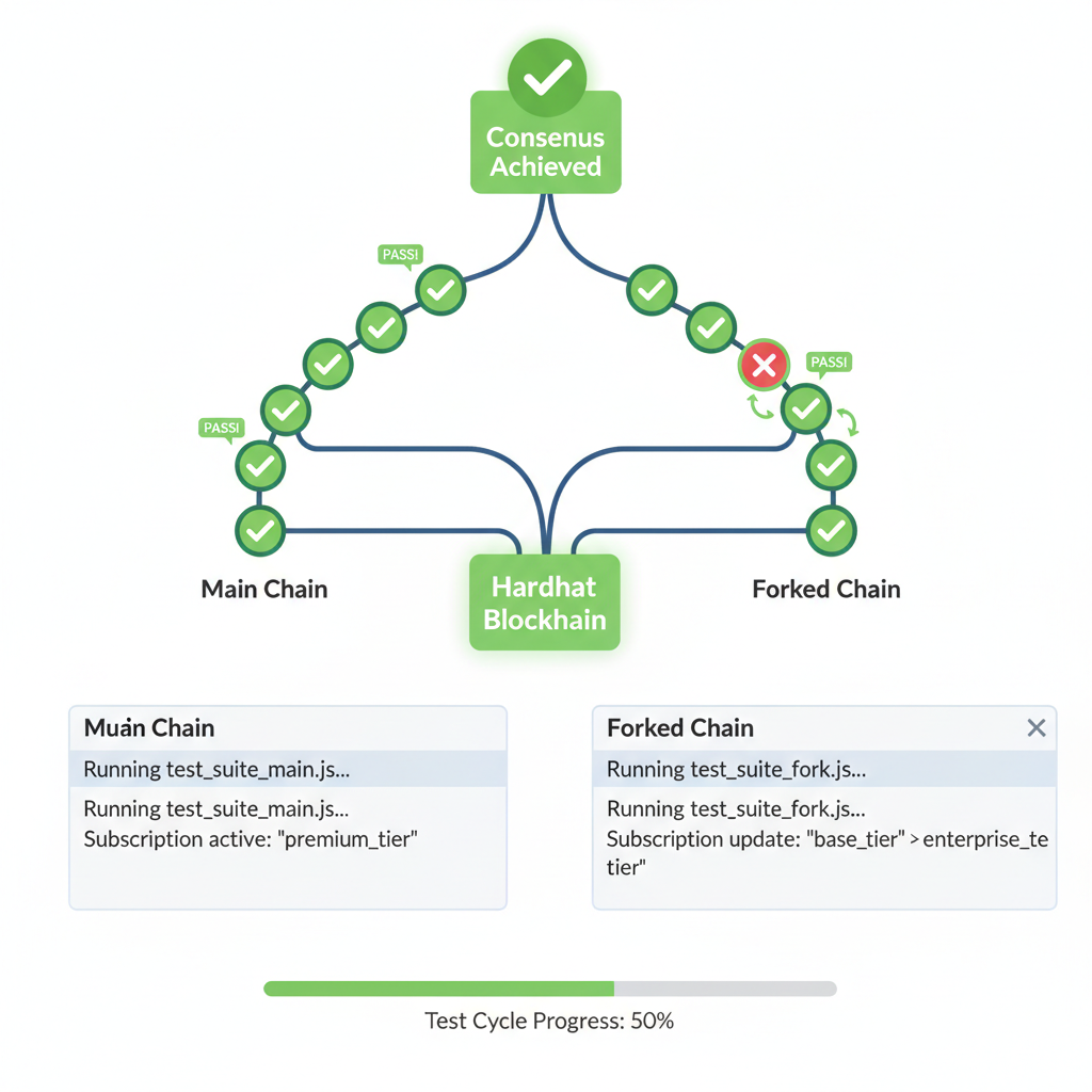 Hardhat testing environment simulating blockchain fork, test scripts running mid-cycle subscription changes, green pass icons