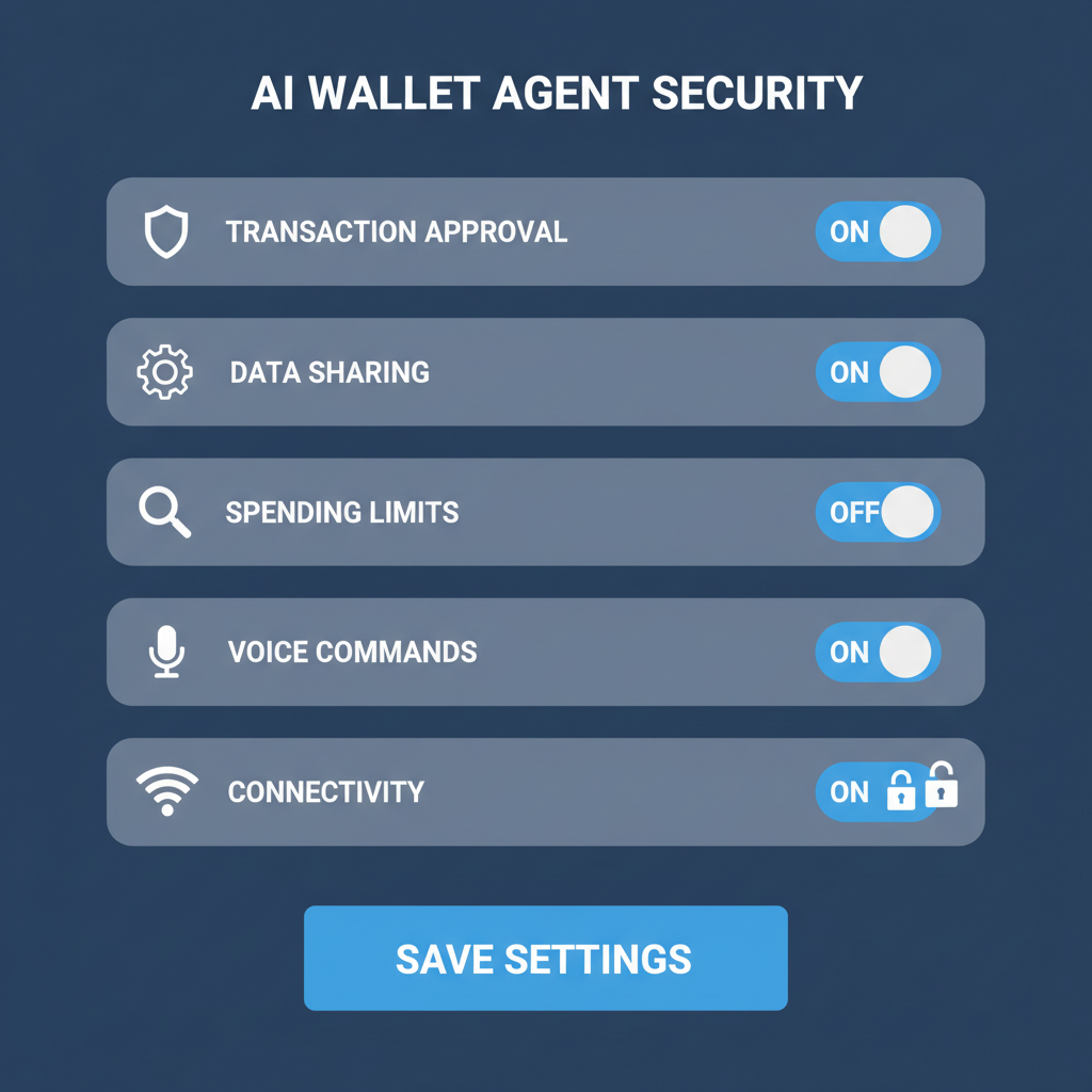 security dashboard with permission toggles and locks for AI wallet agent