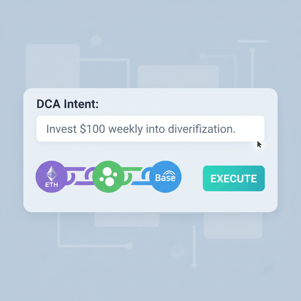 AI interface screen with DCA intent text input and chain icons ETH Solana Base
