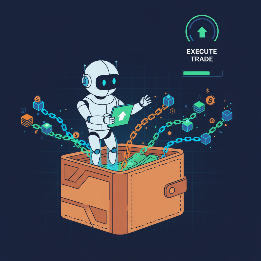 AI robot agent launching from wallet executing trades on glowing blockchain chains