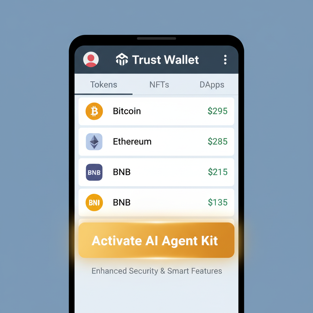 mobile app screen showing Trust Wallet with AI agent kit activation button glowing