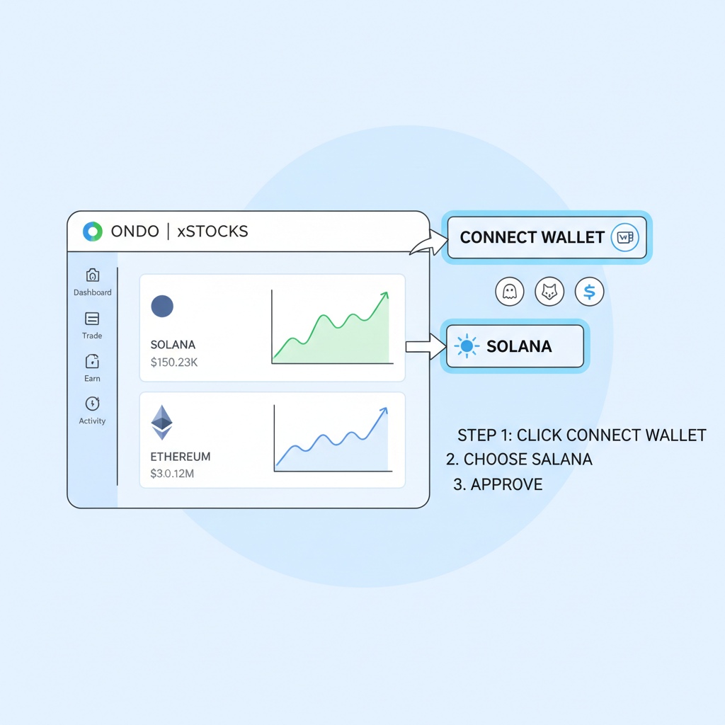 web interface of Ondo or xStocks dashboard with wallet connect button highlighted on Solana