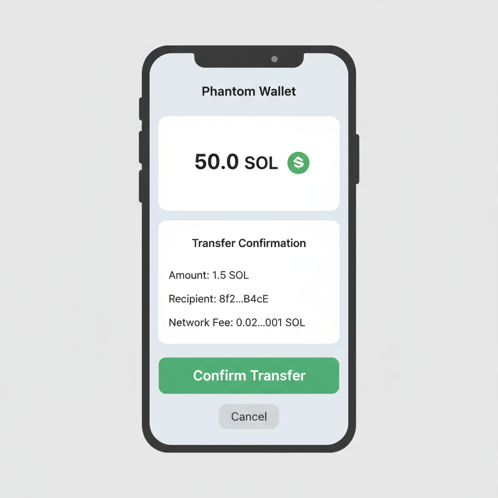 clean Solana wallet interface like Phantom showing SOL balance transfer confirmation