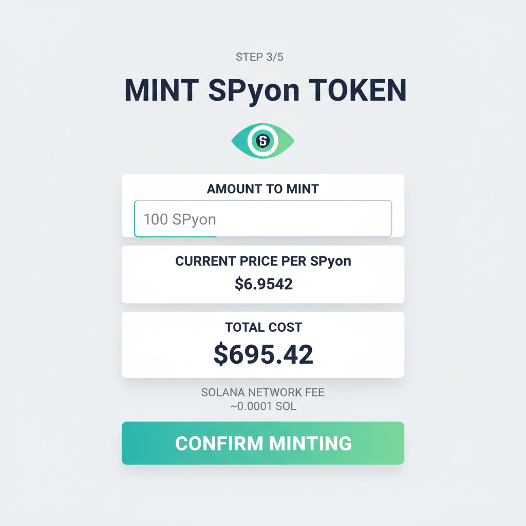 minting interface for SPYon token on Solana showing price $695.42 and confirm button