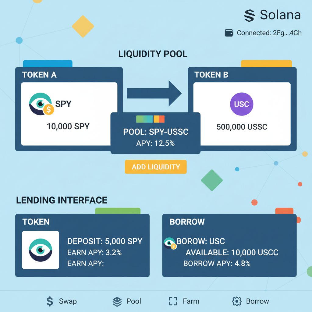 DeFi dashboard on Solana with SPYon tokens in liquidity pool or lending interface