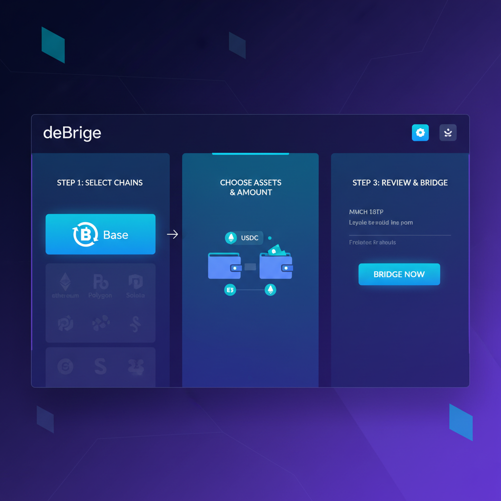 deBridge website dashboard selecting Base chain, futuristic crypto bridge UI
