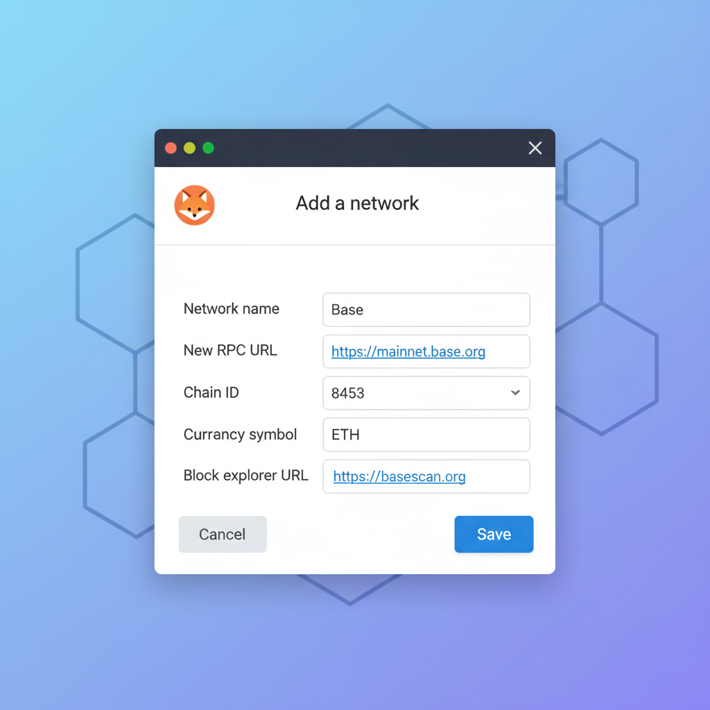 MetaMask wallet interface adding Base network, clean UI screenshot style