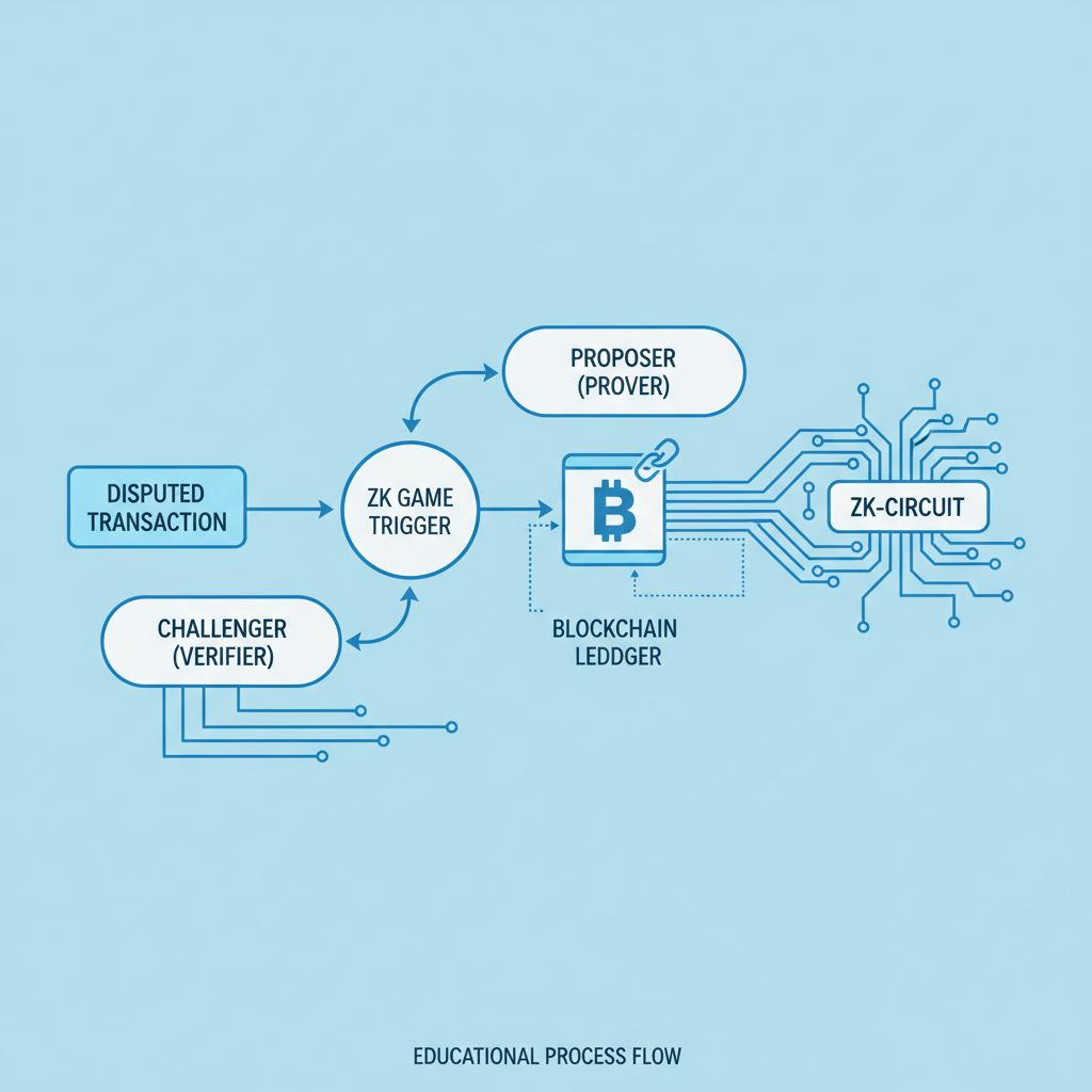 /imagine prompt: minimalist diagram disputed transaction triggering ZK game proposer vs challenger blockchain arrows circuits blue tones educational --ar 16:9