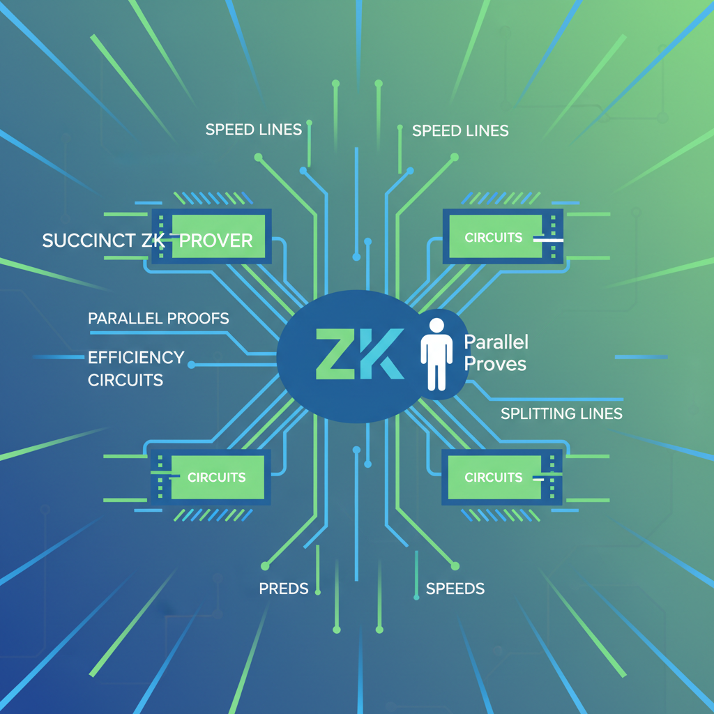 /imagine prompt: Succinct ZK prover generating parallel proofs efficiency circuits splitting lines speed lines tech blue green futuristic --ar 16:9