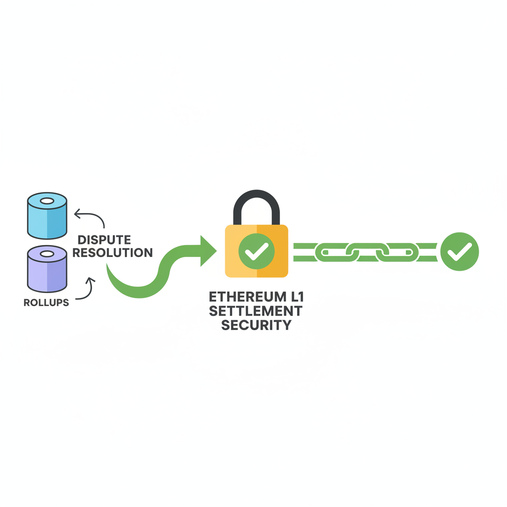 /imagine prompt: rollups dispute resolution arrow to Ethereum L1 settlement security lock chain links green checkmark minimalist --ar 16:9