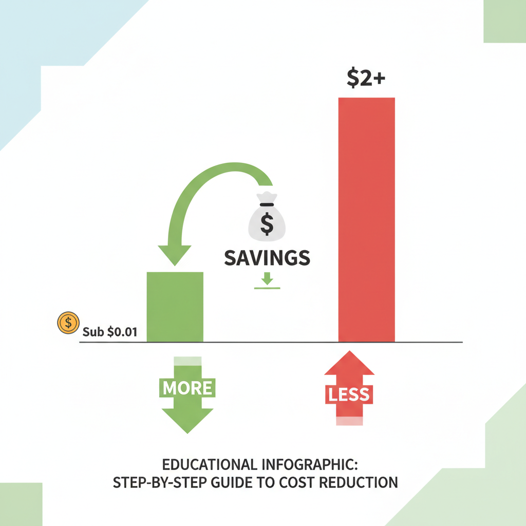 /imagine prompt: cost comparison bar chart sub $0.01 vs $2+ savings arrow money bag downward green red educational infographic --ar 16:9