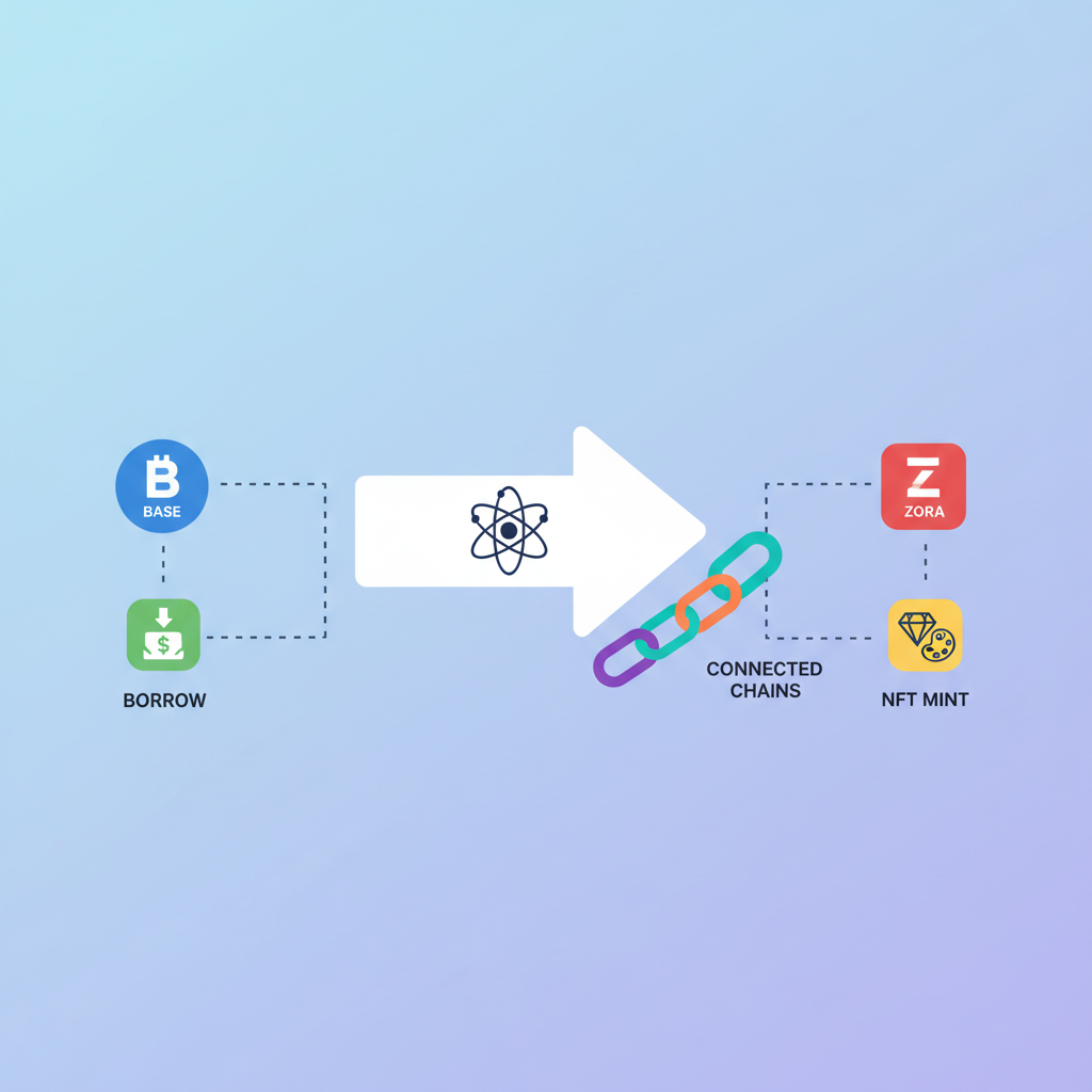 /imagine prompt: atomic cross-chain DeFi flow Base borrow arrow Zora NFT mint connected chains colorful seamless icons --ar 16:9