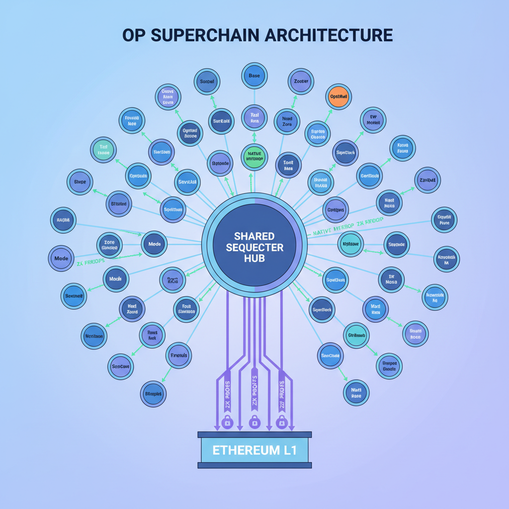 /imagine prompt: OP Superchain architecture diagram 50+ rollups circles connected shared sequencer hub native interop lines ZK proofs to Ethereum L1 labels Base Zora Mode futuristic network --ar 16:9 --v 6