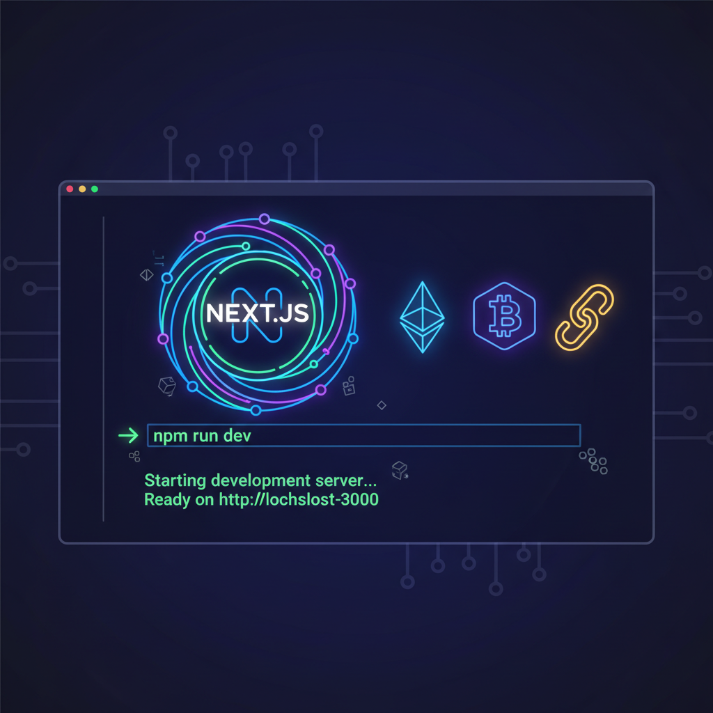 developer terminal launching Next.js app with Web3 icons, neon futuristic glow