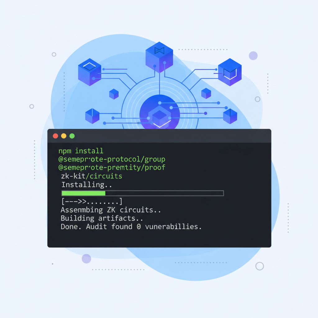 terminal npm install Semaphore packages, ZK circuits assembling in background