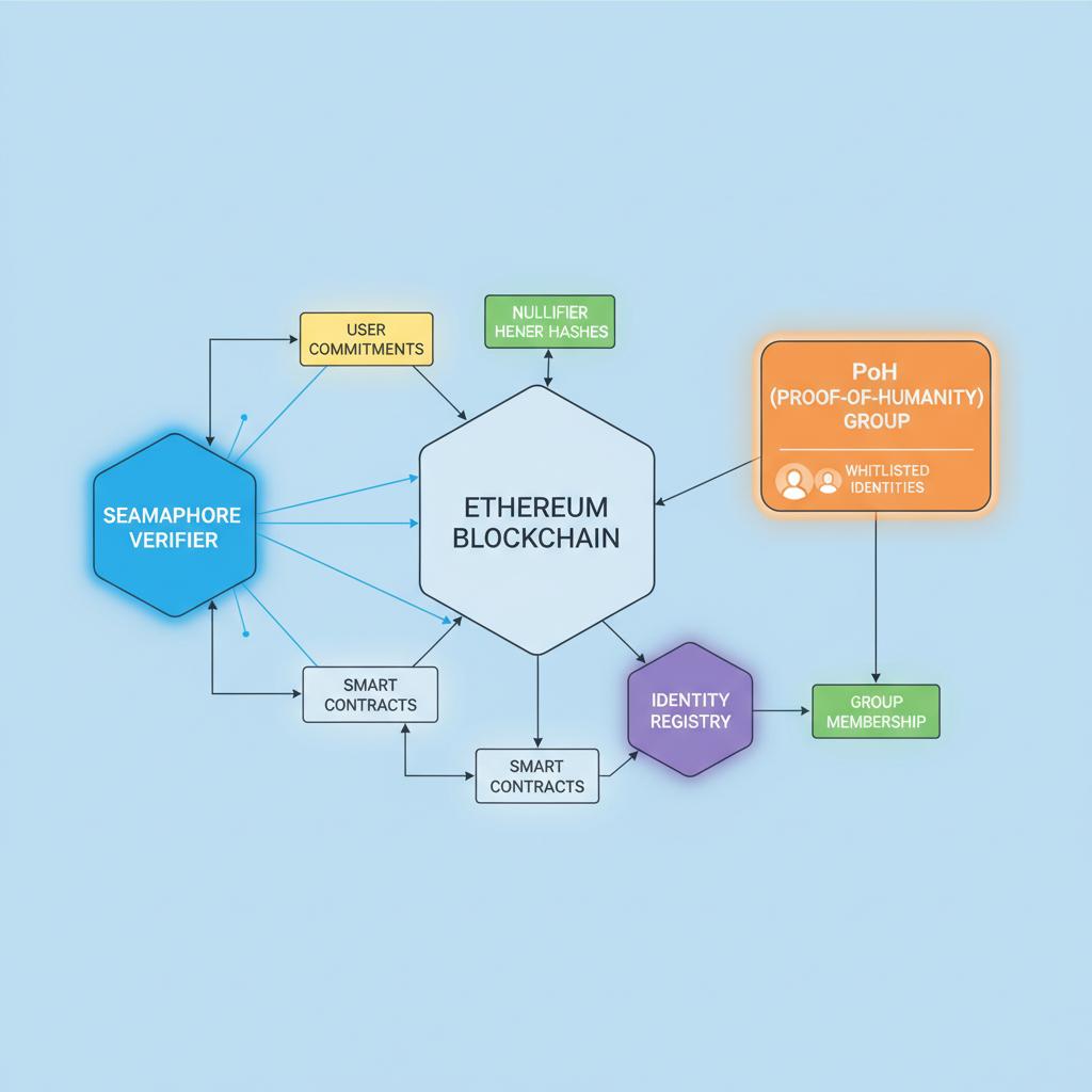 Ethereum smart contract network diagram with Semaphore verifier and PoH group highlighted