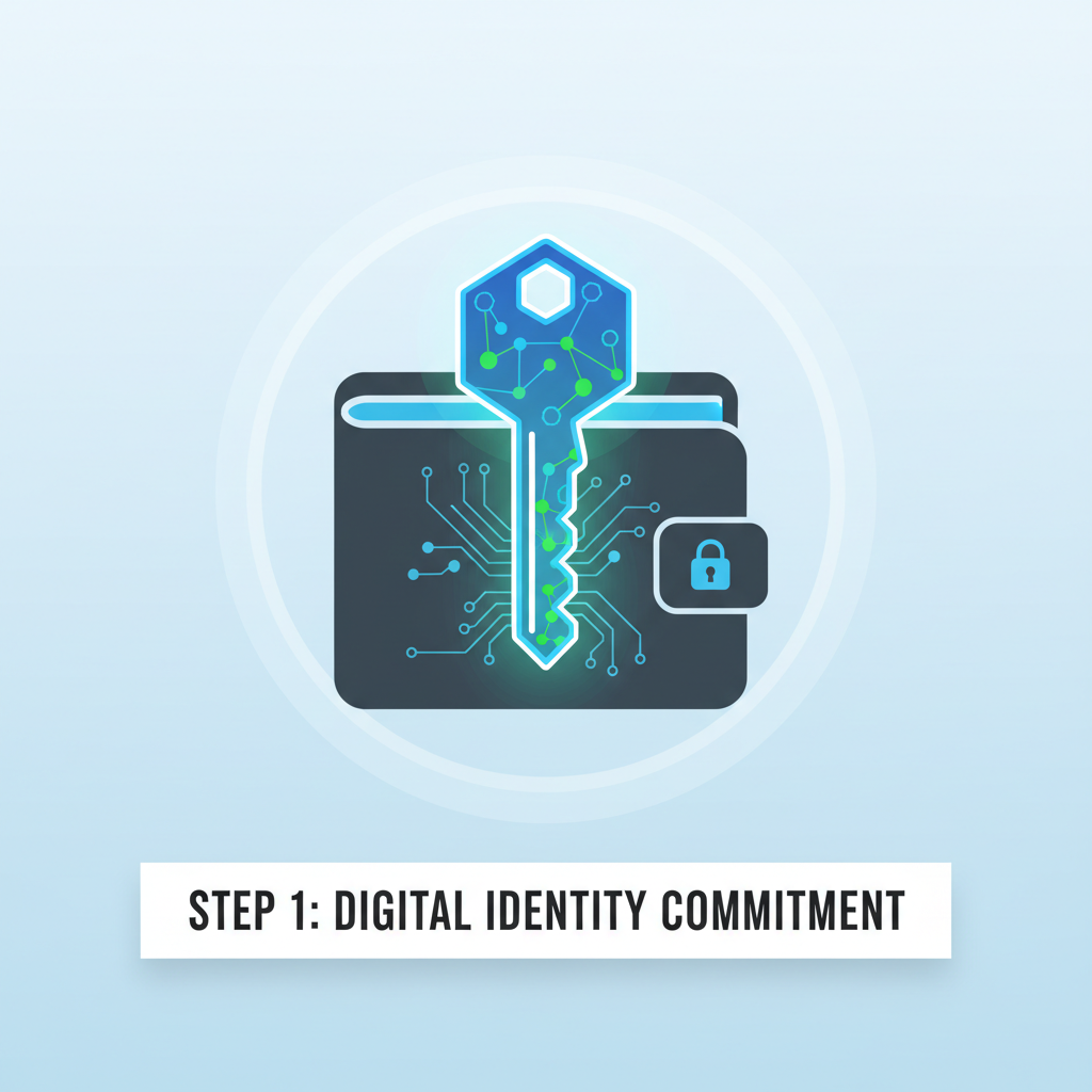 digital identity commitment visualized as glowing cryptographic key in secure wallet