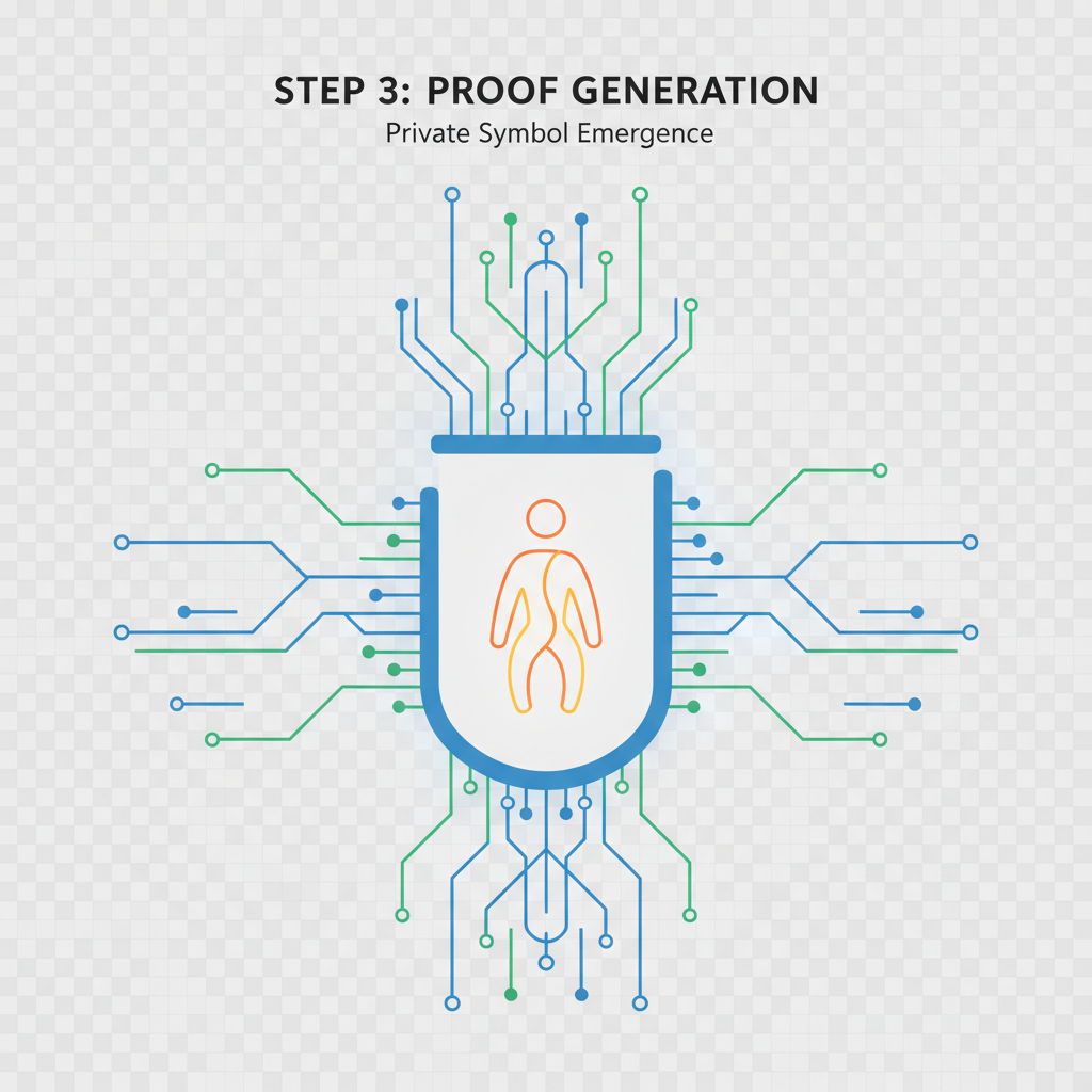 ZK proof generation circuit activating, abstract humanity symbol emerging privately