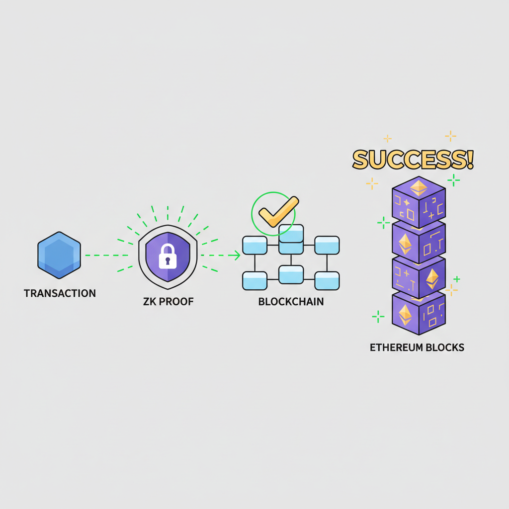 blockchain tx verifying ZK proof, success animation with Ethereum blocks stacking