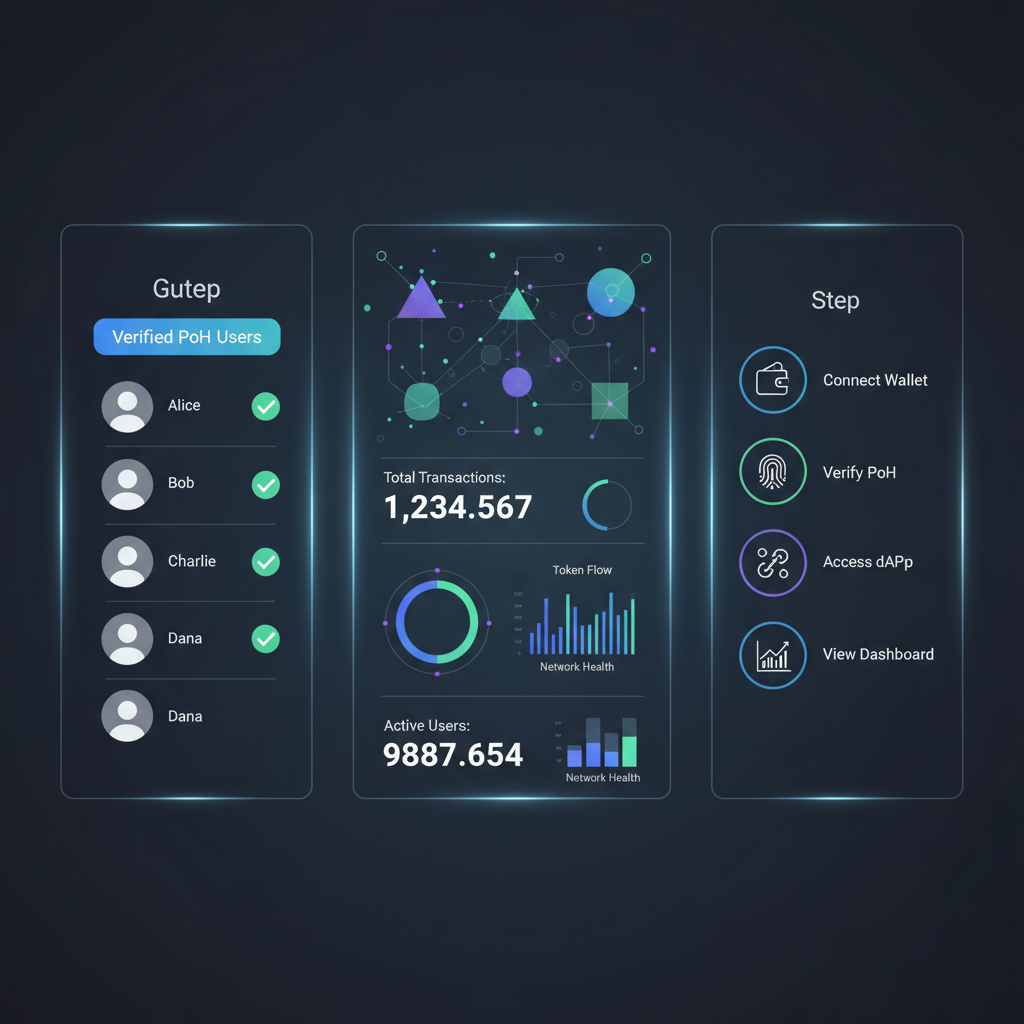 deployed Web3 dApp UI with verified PoH users, dashboard glowing with metrics